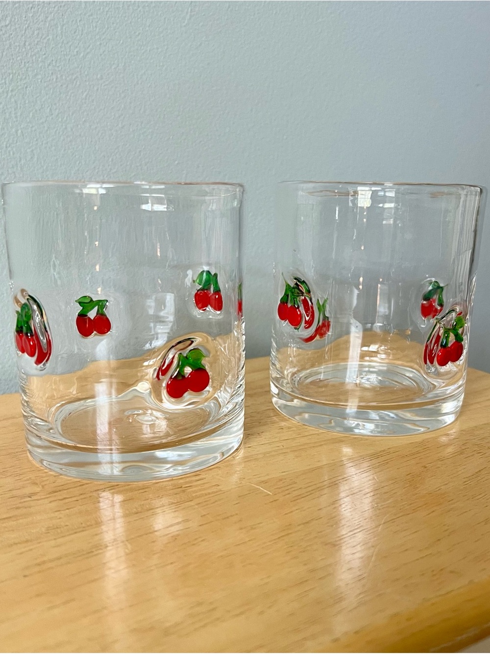 Cherry Icon & Green Leaf Motif Clear Glass Tumbler Pair Unbranded Coquette